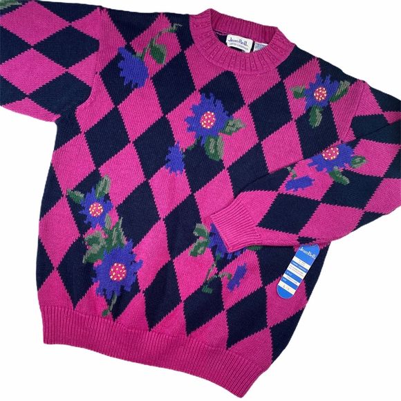 Vintage Sweaters - Vintage 80s Pink Harlequin Diamond Sweater NWT